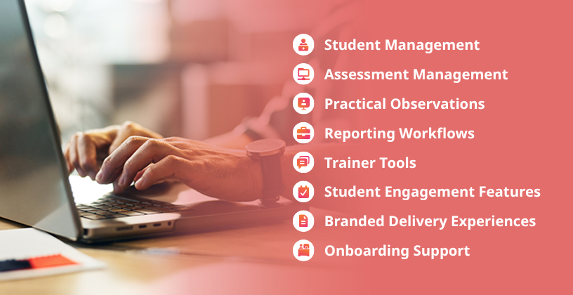 Person using training management software with key RTO LMS features including student management, assessments, reporting, and trainer tools