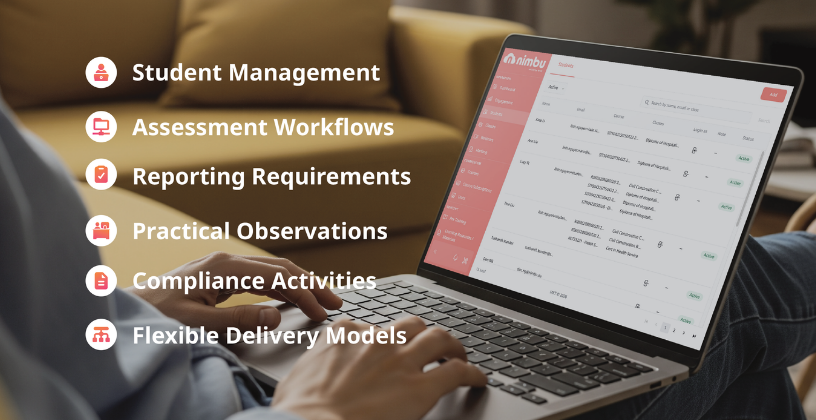 Person using Nimbu LMS to manage student records, assessments, reporting, and compliance