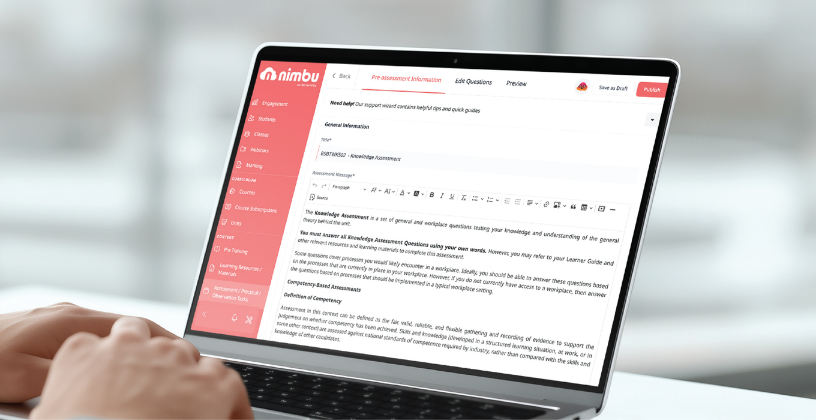 Nimbu LMS interface for creating assessments and managing training content