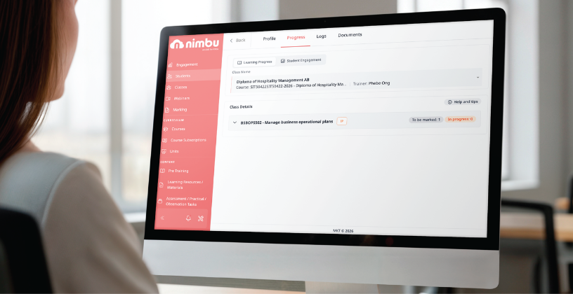 Nimbu LMS dashboard showing student progress and assessment tracking for an Australian RTO