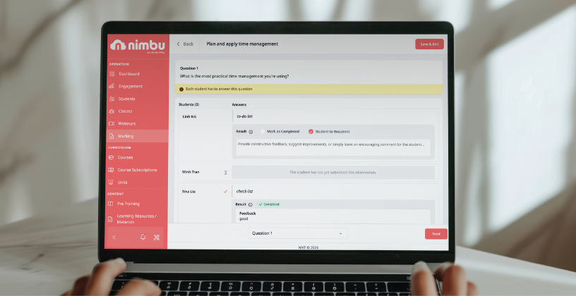 Nimbu LMS interface for managing assessments and reducing RTO administration