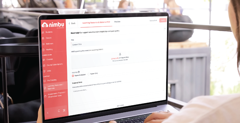 Nimbu LMS interface for creating and managing learning resources for Australian RTOs