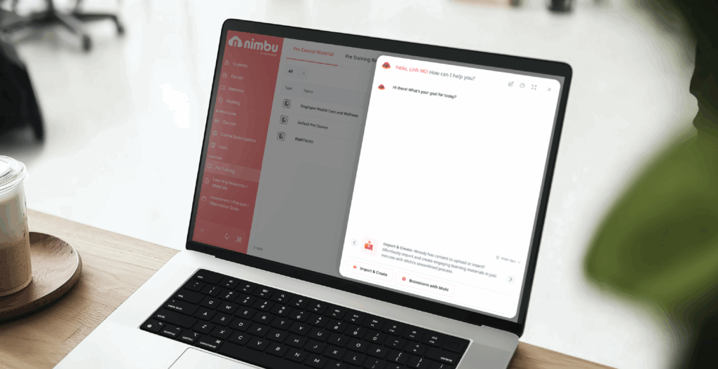 AI assistant chat interface open within an LMS, helping create and manage pre-course learning materials.