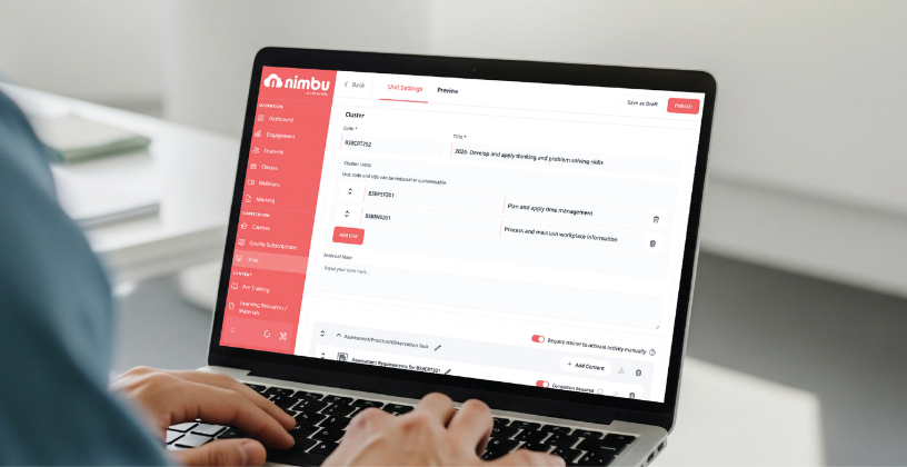 Alt text: RTO administrator managing units and course settings in an LMS.