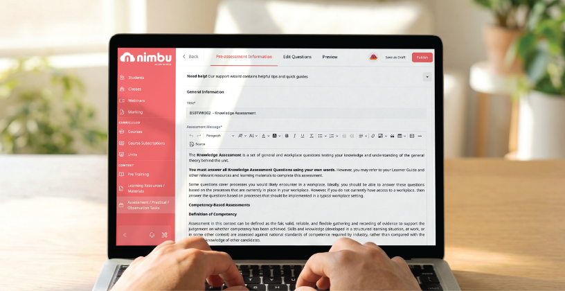 Alt text: RTO administrator creating a knowledge assessment in an LMS.
