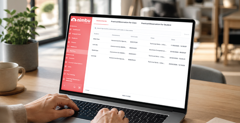 Nimbu LMS dashboard for managing assessments and practical observations for Australian RTOs