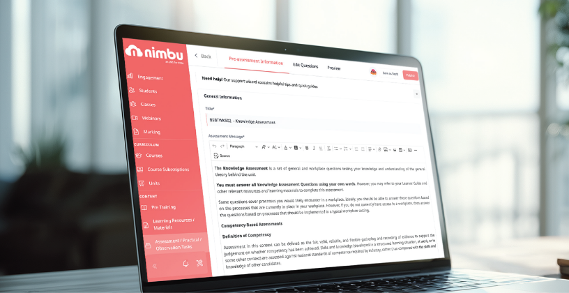 Trainer creating and managing assessments in the Nimbu LMS.