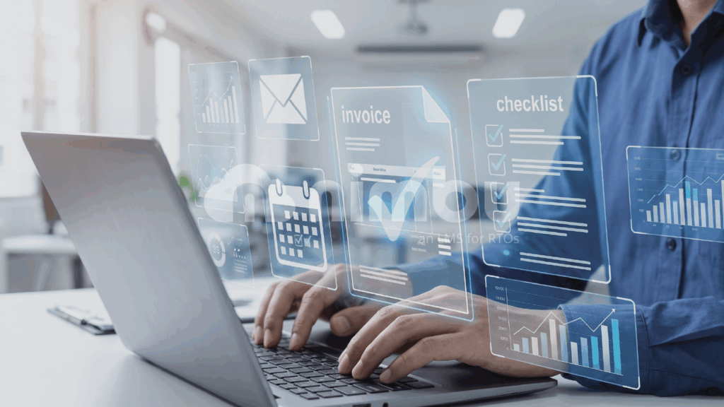 Digital workflow dashboard displaying automated tasks, reporting, and document management on a laptop.