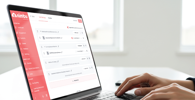 LMS interface displaying unit settings and assessment resources for organising online training content.